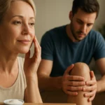 Žena sa dotýka pleti, zatiaľ čo muž si drží koleno.