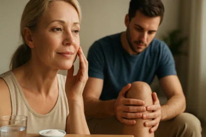 Žena sa dotýka pleti, zatiaľ čo muž si drží koleno.