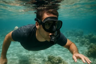 Muž šnorchluje pod vodou a objavuje morský svet.