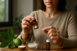 Žena drží homeopatické lieky a Nux Vomica v prírodnom prostredí