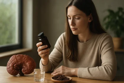 Žena s extraktom z Ganoderma lucidum a sklenkou vody