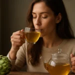 Žena pije čaj z artičoky, zdravý nápoj pre podporu trávenia