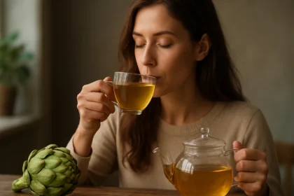 Žena pije čaj z artičoky, zdravý nápoj pre podporu trávenia