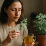 Žena vychutnáva čaj z paliny sladkej s bylinkou vo váze