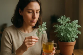 Žena vychutnáva čaj z paliny sladkej s bylinkou vo váze