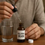 Osoba kvapká koloidné striebro do pohára s vodou.