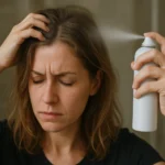 Žena používajúca suchý šampón a vyzerajúca znepokojene.