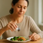 Žena posypáva soľ na talíř so zeleninou a sleduje jedlo.