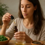 Žena používa moringový olej s pipetou v prírodnom prostredí.