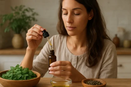 Žena používa moringový olej s pipetou v prírodnom prostredí.