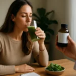 Žena pije zelený nápoj a diskutuje o Reg-Enore s odborníkom.