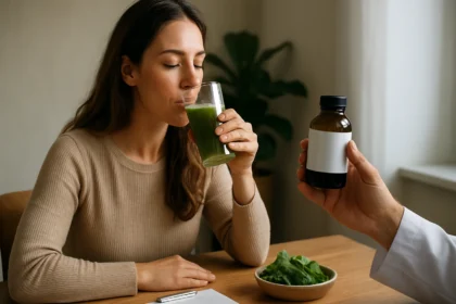 Žena pije zelený nápoj a diskutuje o Reg-Enore s odborníkom.