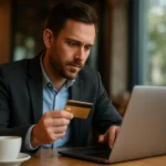 Muž so zlatou kartou a laptopom pri plánovaní investícií