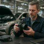 Mechanik kontroluje hmotnostný senzor v automobile.