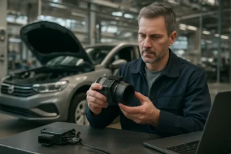 Mechanik kontroluje hmotnostný senzor v automobile.