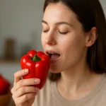 Žena si vychutnáva červenú papriku bohatú na živiny.