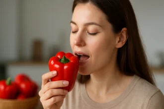 Žena si vychutnáva červenú papriku bohatú na živiny.