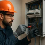 Electrician working on electrical panel with tools