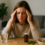 Žena s bolesťou hlavy, užívajúca horčík a vitamín B6 na zníženie stresu.