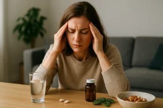 Žena s bolesťou hlavy, užívajúca horčík a vitamín B6 na zníženie stresu.