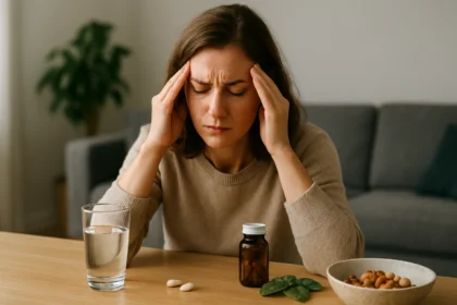 Žena s bolesťou hlavy, užívajúca horčík a vitamín B6 na zníženie stresu.
