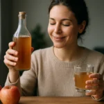 Žena drží fľašu jablčného octu a pohár s nápojom, vedľa sú jablká.