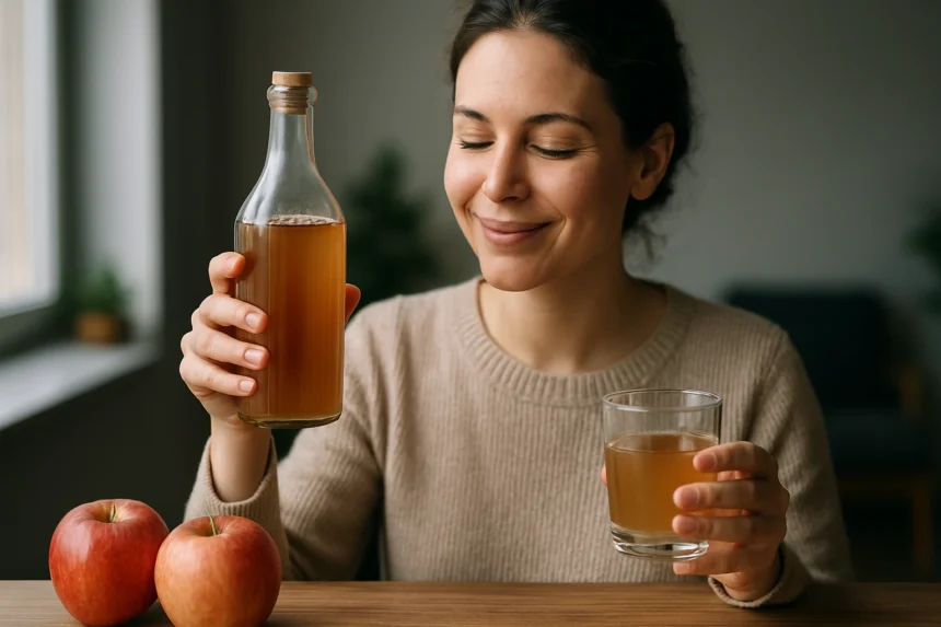 Žena drží fľašu jablčného octu a pohár s nápojom, vedľa sú jablká.