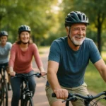 Skupina cyklistov užívajúca si jazdu v parku