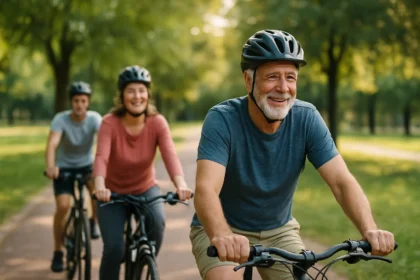 Skupina cyklistov užívajúca si jazdu v parku