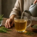 Príprava rebríčkového čaju na drevenom stole.