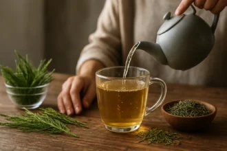 Príprava rebríčkového čaju na drevenom stole.