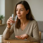 Žena pije vodu a berie doplnok s kyselinou kremičitou.