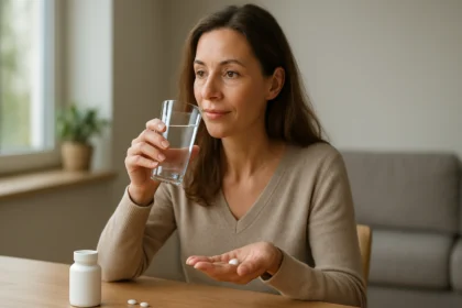 Žena pije vodu a berie doplnok s kyselinou kremičitou.