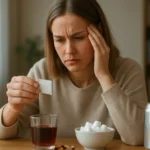 Žena nazera na umelé sladidlo s obavami o zdravie