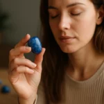 Žena medituje s modrým kameňom larimar v ruke