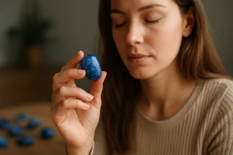 Žena medituje s modrým kameňom larimar v ruke