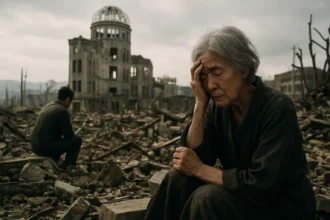 Zničený Hirošima: Žena s traumatizovaným výrazom v ruinách.