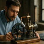 Muž skúma model parného stroja v technickej miestnosti.