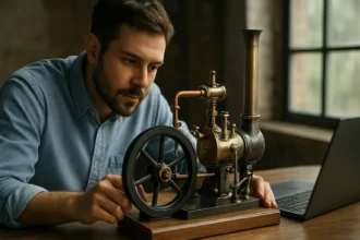 Muž skúma model parného stroja v technickej miestnosti.