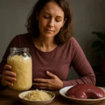 Žena s pohárom kyslej kapusty a tanierom pečene na stole