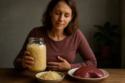 Žena s pohárom kyslej kapusty a tanierom pečene na stole
