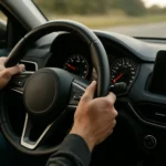 Rukou držiaci volant v aute na otvorenej ceste