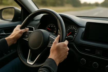 Rukou držiaci volant v aute na otvorenej ceste