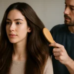 Žena s dlhými, lesklými vlasmi, zatiaľ čo muž ju česá