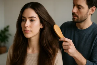 Žena s dlhými, lesklými vlasmi, zatiaľ čo muž ju česá