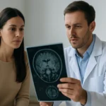 Lekár a pacientka sa zameriavajú na zobrazovanie mozgu.