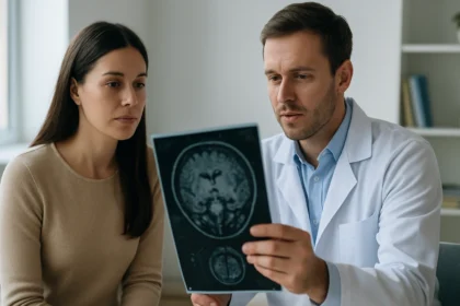 Lekár a pacientka sa zameriavajú na zobrazovanie mozgu.