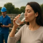 Žena pije čerstvú vodu na čističke odpadových vôd.