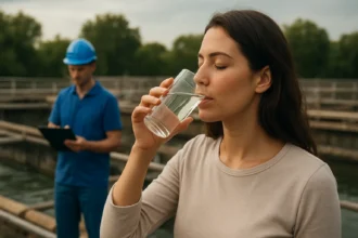 Žena pije čerstvú vodu na čističke odpadových vôd.