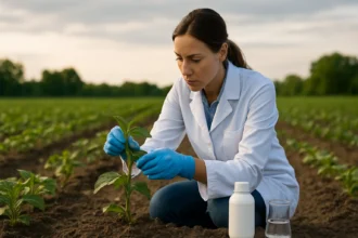 Žena v bielom plášti skúma rastlinu s tebuconazolom v poľnohospodárstve